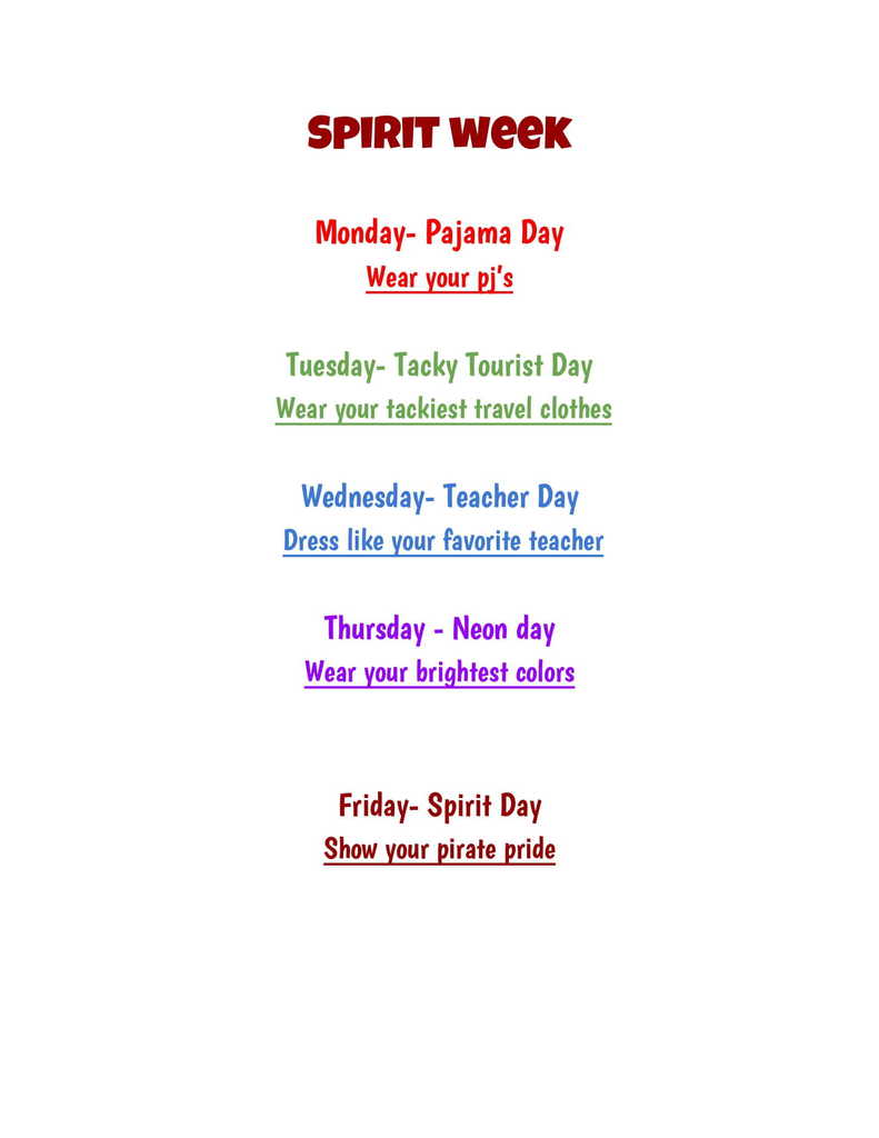 Spirit Week dress up schedule