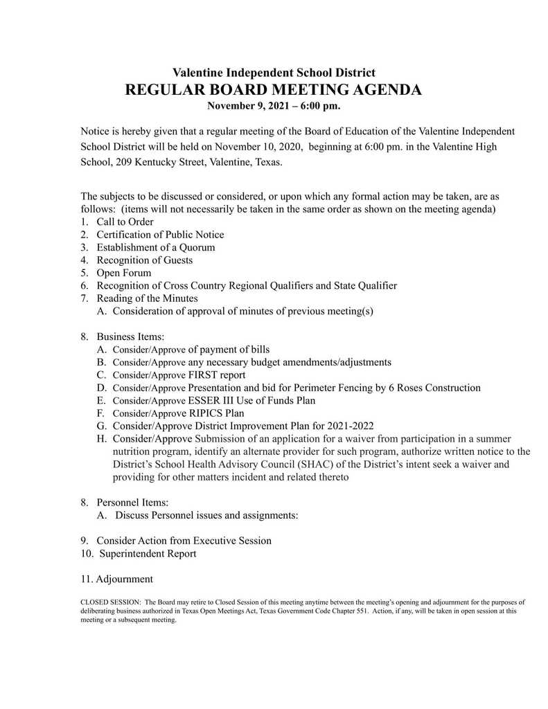 School Board Agenda November 8, 2021